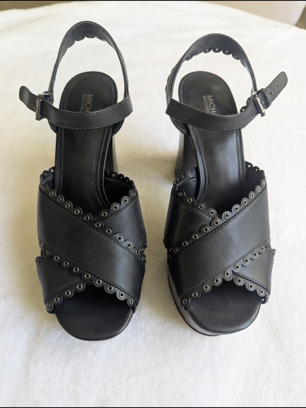 Michael Kors Jessie Black Leather Scalloped Grommet Platform Sandals